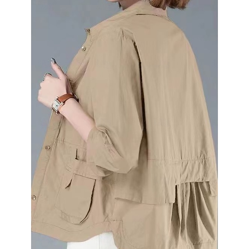 Women's Casual Jacket Comfortable Breathable Pocket Buttons Casual Plain Vacation Street Casual Daily Wear Single Breasted Short Turndown Regular Fit Long Sleeve Outerwear Black Orange Brown Summer