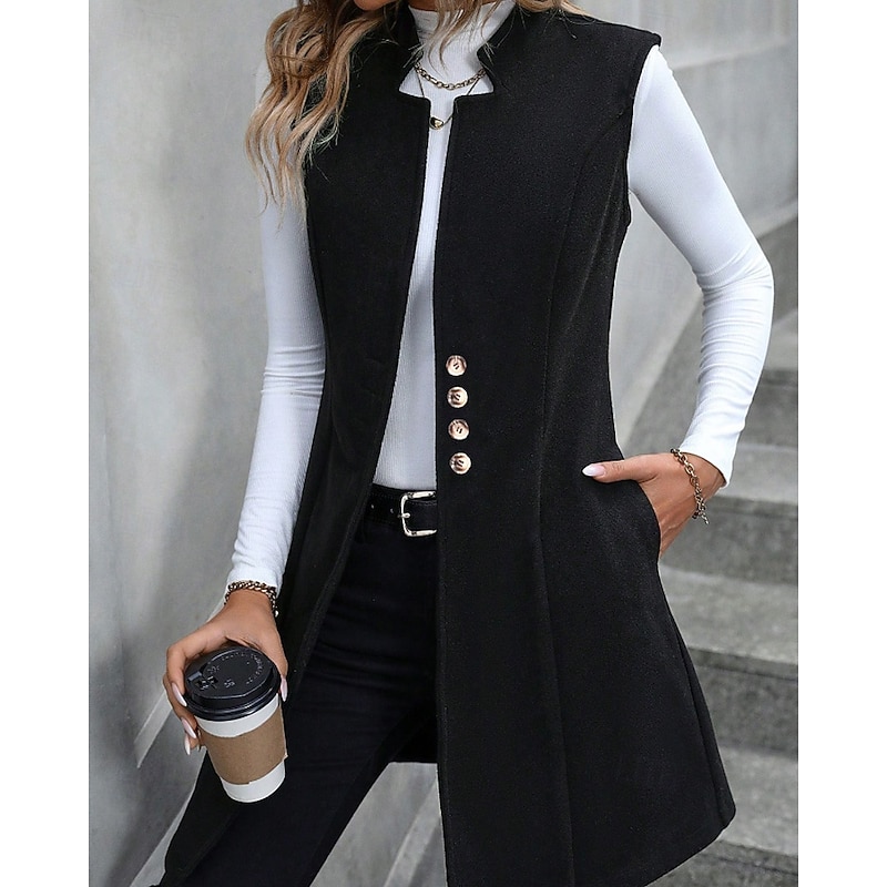Women's Vest Warm Comfortable Buttons Fashion Plain Holiday Weekend Single Breasted Long V Neck Regular Fit Sleeveless Outerwear Black Red Apricot Fall Winter