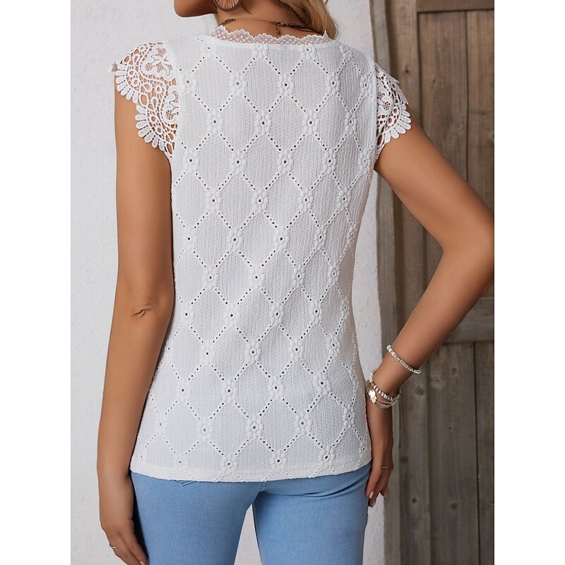 Women's Shirt Solid Color Elegant Stylish Basic Short Sleeve V Neck Regular Tops Daily Lace Patchwork Black White Pink Apricot Summer3