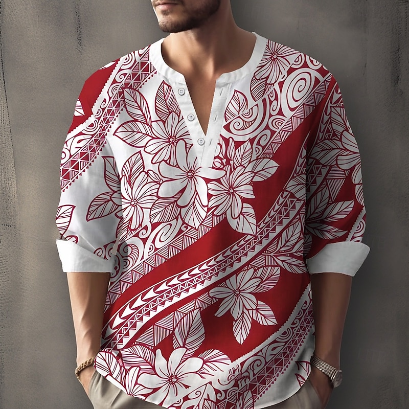Men's Polynesian Tribal Floral Print Shirt Henley Shirt Tunic Shirts Long Sleeve Vintage Retro Outdoor Vacation Daily Summer Spring V Neck Button Up 3D Print Linen Like Shirt Yellow Red Blue