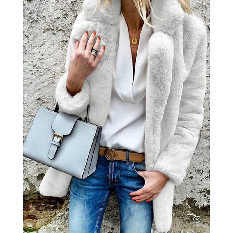 Women's Coat Warm Comfortable Fur Collar Casual Plain Going out Casual Daily Open Front Regular Turndown Regular Fit Long Sleeve Outerwear White Pink Red Fall Winter