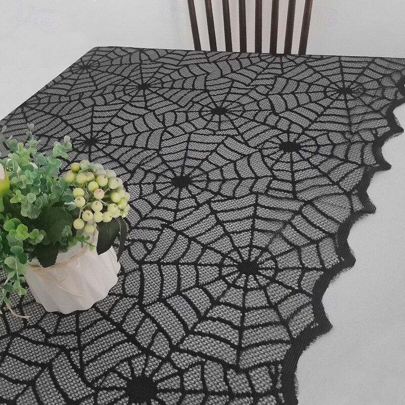 Frightening Halloween Tablecloth 32x41inch Rectangular Festival Black Lace Spiderweb Bat Table for Seasonal Use