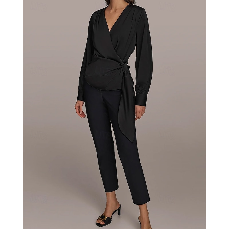 Two Piece Pantsuit Pantsuit Mother of the Bride Pantsuit Elegant Vintage Simple V Neck Ankle Length Satin Top Stretch Crepe Pants V Long Sleeve with Bow(s) Ruched
