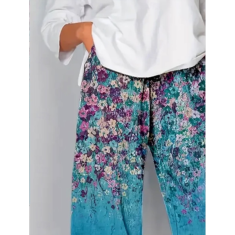 Women's Chinos Baggy Pants Vacation Vintage Ethnic Style Ankle-Length High Waist Floral Graphic Gradient Drawstring Patchwork Printing Breathable Micro-elastic Vacation Street Causal Lake blue Light2