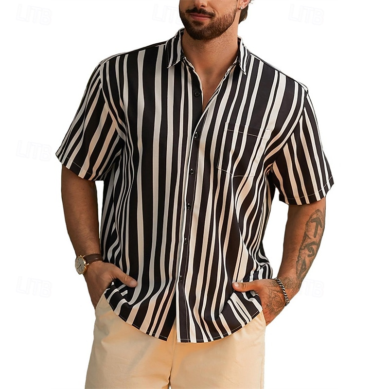 Men's Shirt Summer Shirt Casual Shirt Beach Shirt Button Up Shirt Black Yellow Blue Dark Gray Short Sleeve Stripes Lapel Vacation Hawaiian Clothing Apparel Polyester Fashion Casual Comfortable2