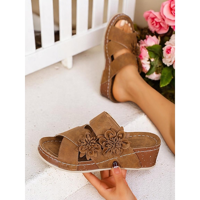 Women's Brown Floral Slide Sandals with Cushion Sole for Home Wear Garden Relaxation and Casual Weekend Outings