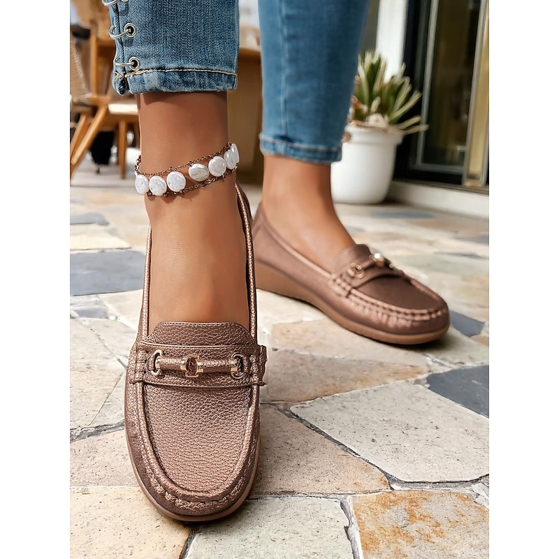 Women's Metallic Faux Leather Moccasin Loafers with Gold Horsebit Detail, Slip-On Comfort Flats for Driving, Work and Casual Outings