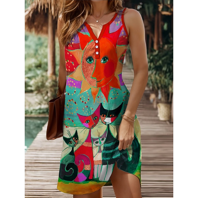 Women's Mini Dress Sundress Shift Dress Off The Shoulder Dress Vacation Casual Outdoor Going out Regular Fit Graphic Animal Cat Sleeveless V Neck Yellow Red Blue Purple Summer Spring4