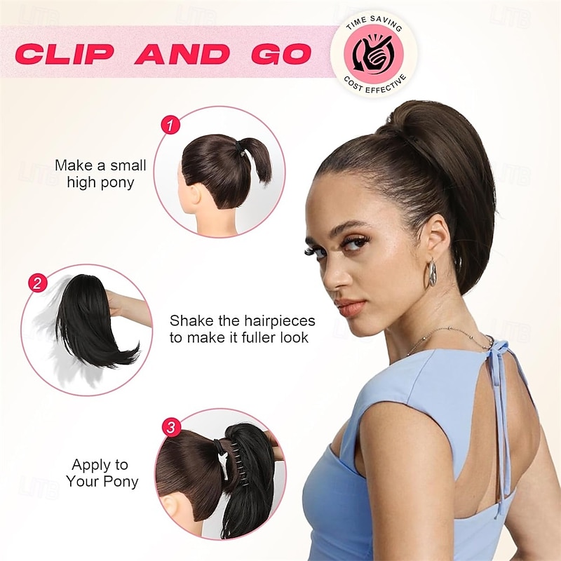 Ponytail Extension 10 Short Claw Clip in Ponytail Hair Extensions Messy Bun Hair Piece Natural Soft Synthetic Straight Pony Tail Hair Pieces for Women - Dark Brown with Highlights2