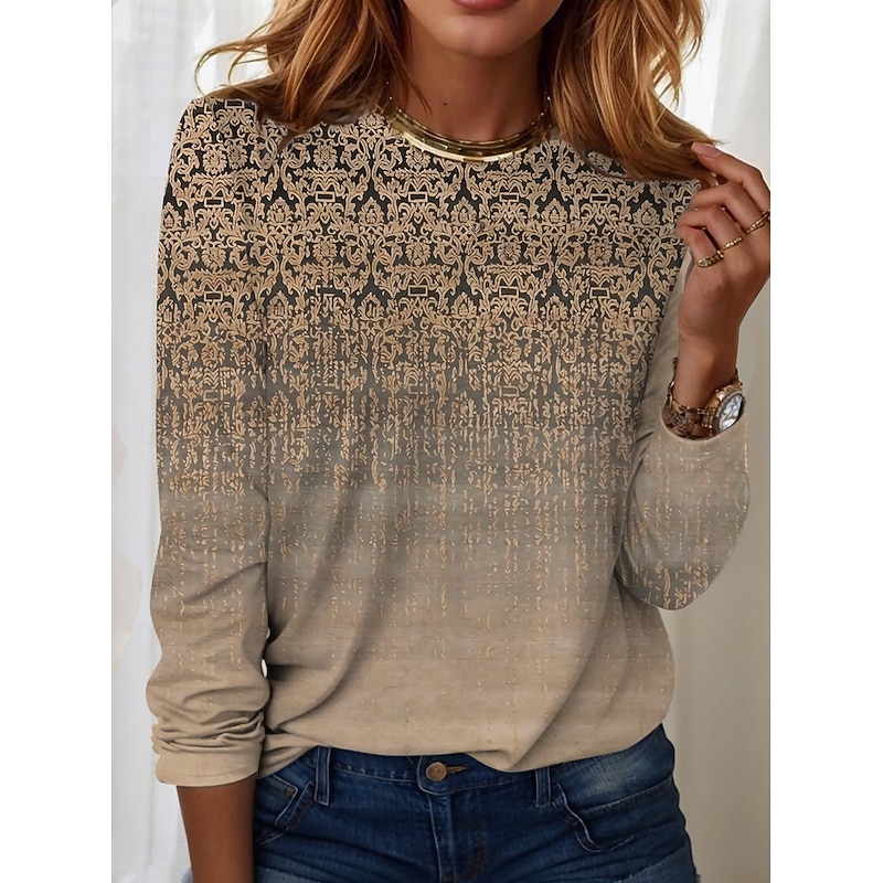 Women's T shirt Long Sleeve Crew Neck Long Sleeve Tunic Streetwear Casual Print Regular Tops Round Neck Daily Weekend Blue Purple Green Khaki Spring Fall Prefall