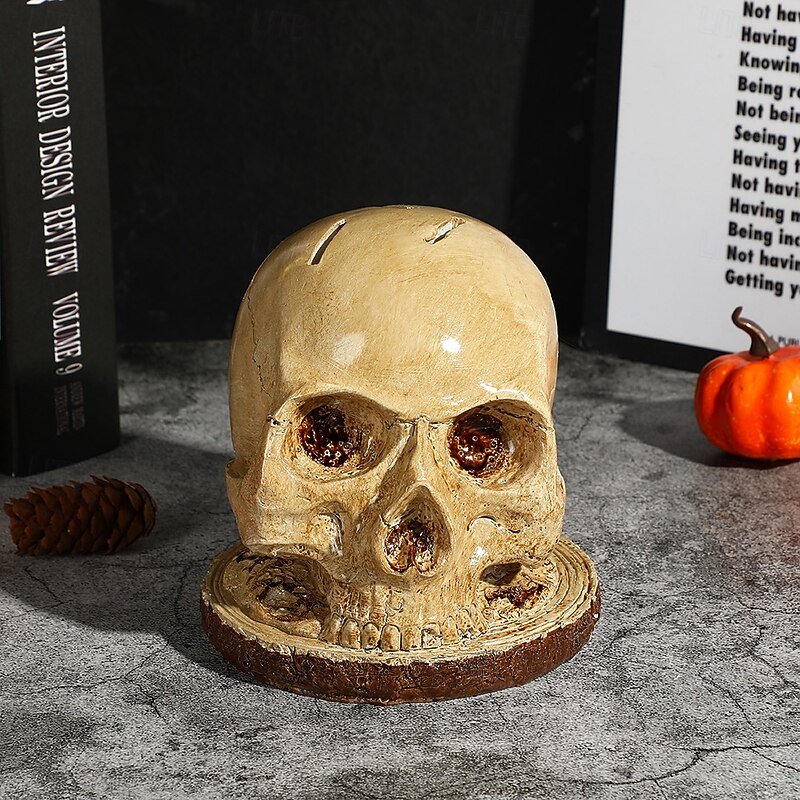 Halloween Realistic Skull Knife Holder Resin Figurine, Creative Skeleton Head Decoration Prop for Home and Kitchen Display