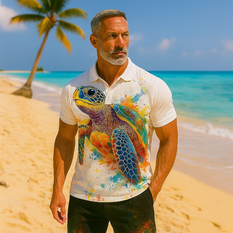 Men's Animal Turtle Polo Short Sleeve Polo Shirts Collared Shirts Casual Resort Athleisure Vacation Wear Buttons Summer White