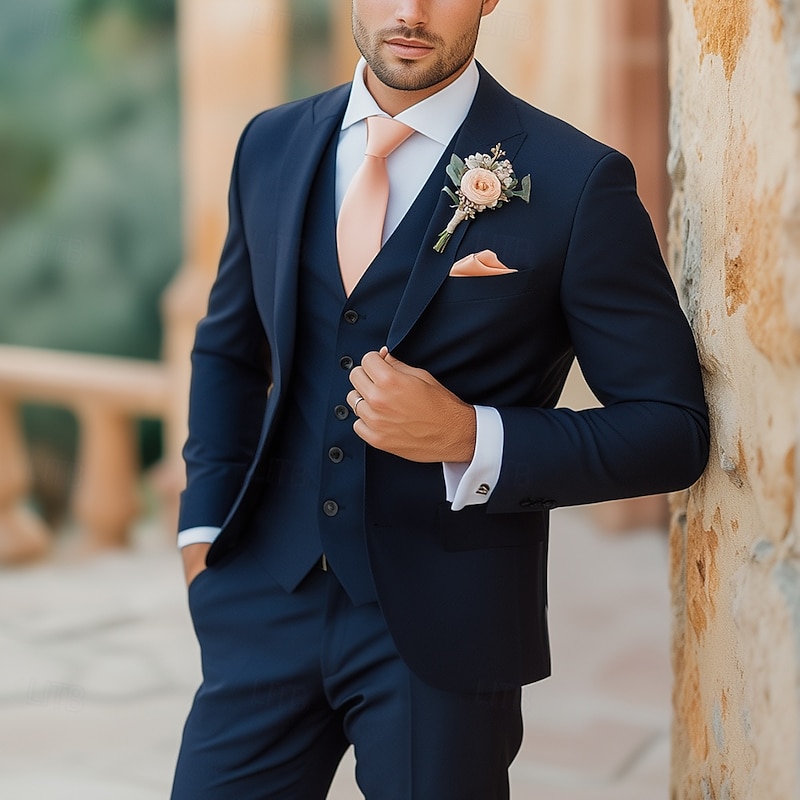 Men's Wedding Party Suits Notch Lapel Navy Blue Fashion Formal Solid Colored Standard Fit 3 Piece Single Breasted One-button