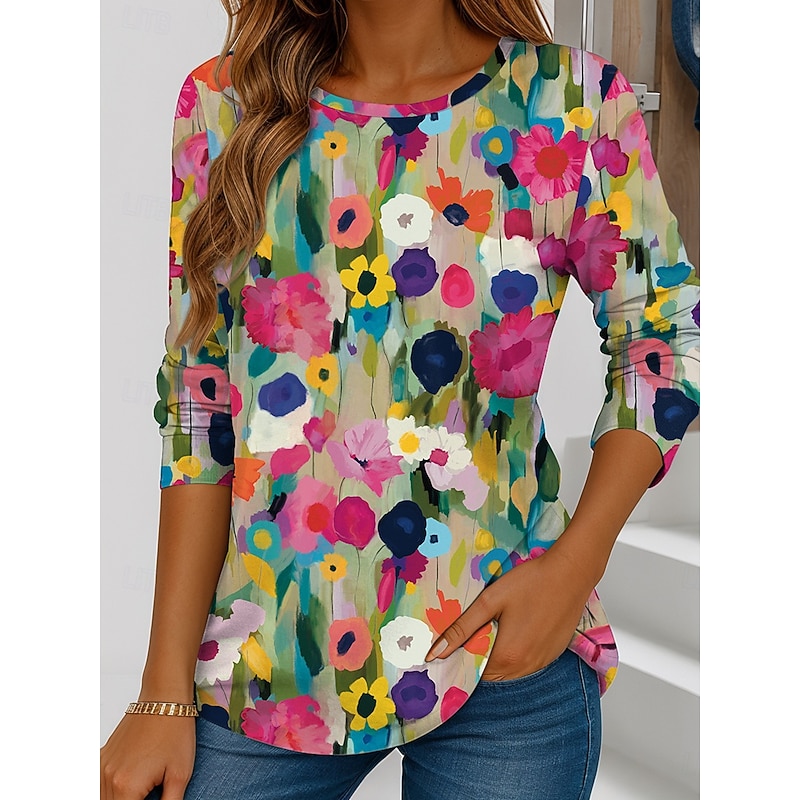 Women's T shirt Crew Neck Long Sleeve Tunic Floral Graphic Vintage Stylish Casual  Regular Tops Daily Weekend Print Red Blue Purple Green Summer