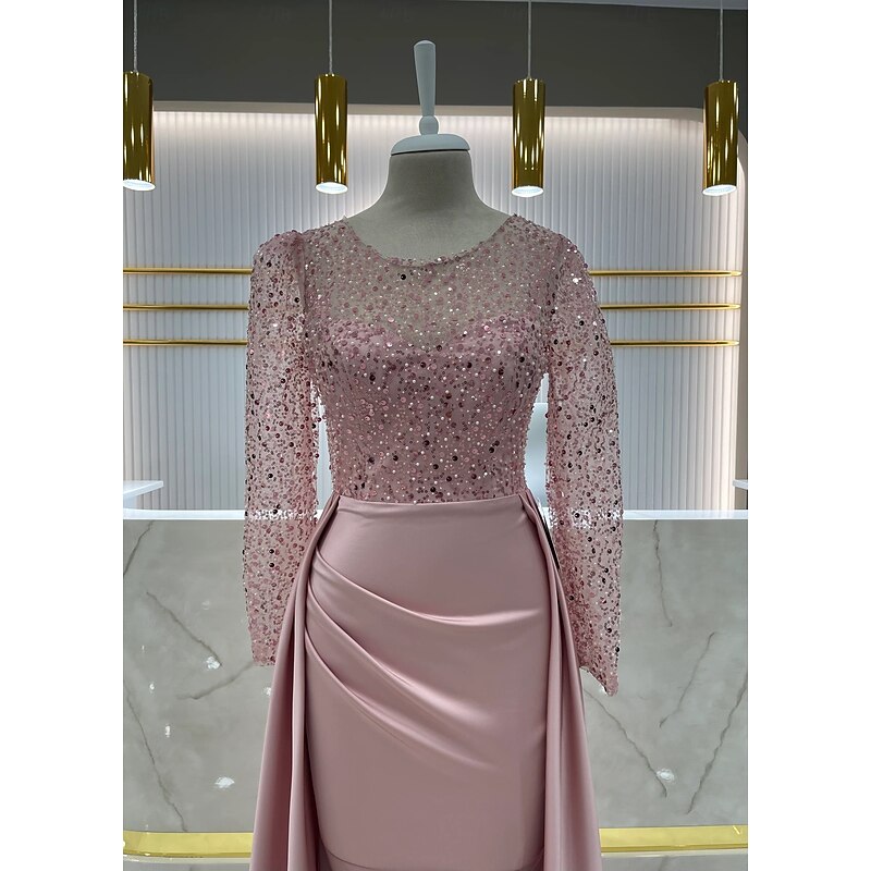 Mermaid / Trumpet Evening Gown Elegant Dress Carnival Formal Floor Length Long Sleeve Illusion Neck Detachable Satin with Pearls Overskirt3