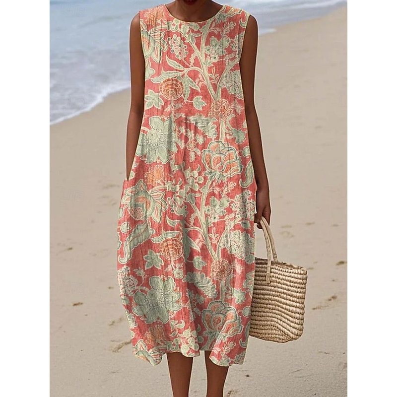 Women's Midi Dress Sundress Shift Dress A Line Dress Vacation Casual Boho Party Going out Beach Loose Fit Floral Graphic Sleeveless Crewneck Light Blue White / Purple Pink Blue Summer Spring
