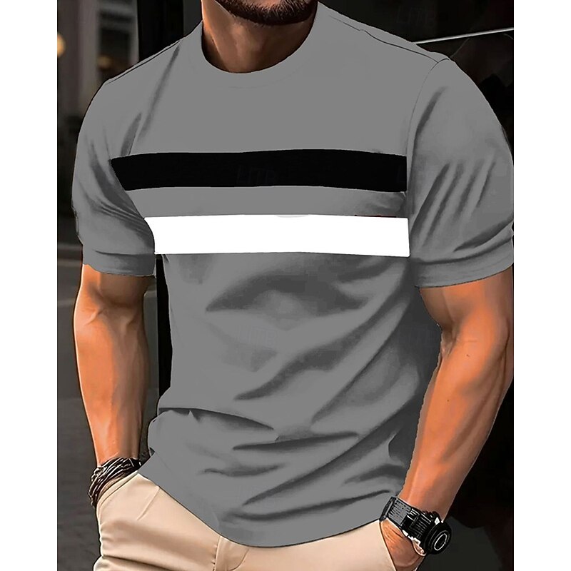 Men's T Shirt Tee Short Sleeve Shirt Tee Top Short Sleeve Crew Neck Summer Striped Fashion Designer Basic Patchwork Vacation Street Going out Dark Gray White Yellow Top Tee for Men2