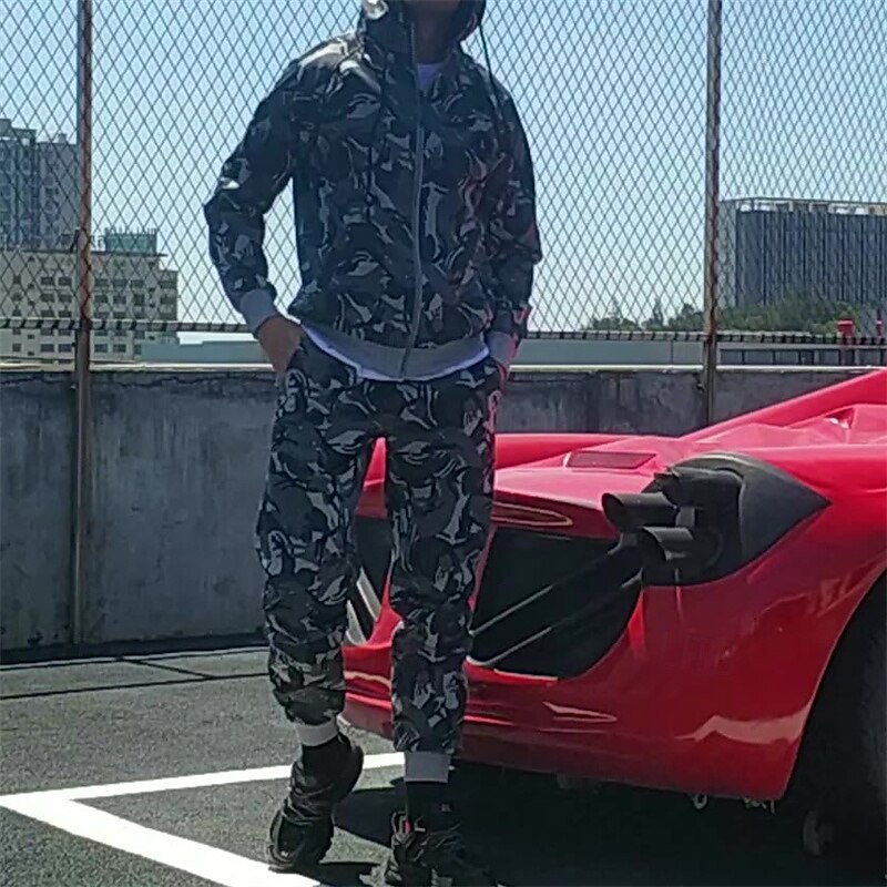 Men's Tracksuit Sweatpants Zip Up Hoodie Pocket Camouflage Clothing Suit Fall Red Khaki Gym Workout Sports Windproof Long Sleeve Sport Activewear Micro-elastic Regular Fit