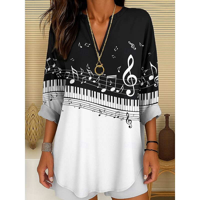 Music Festival Women's Blouse Tunic V Neck Long Sleeve Boho Casual Tops Graphic Geometric Elegant Vintage Tropical Regular Tops Daily Print Black And White Black