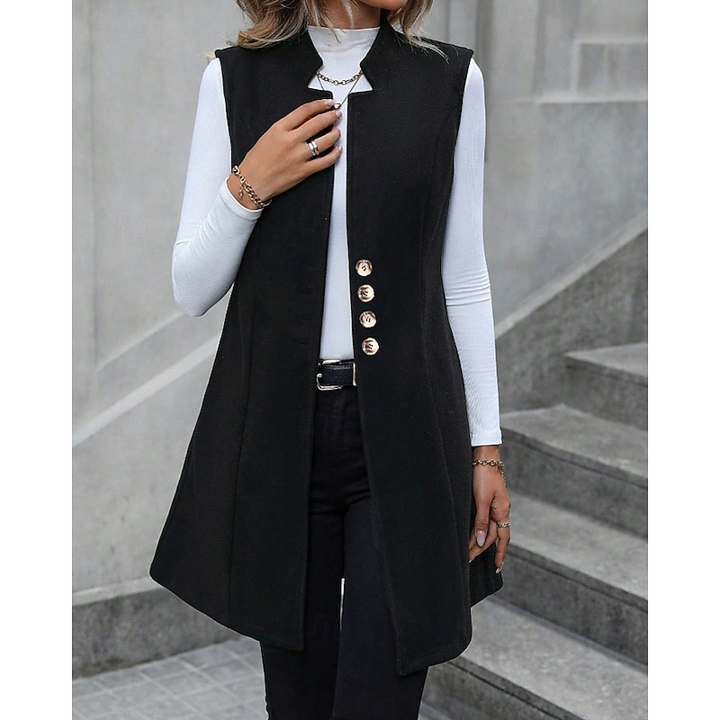 Women's Vest Warm Comfortable Buttons Fashion Plain Holiday Weekend Single Breasted Long V Neck Regular Fit Sleeveless Outerwear Black Red Apricot Fall Winter4