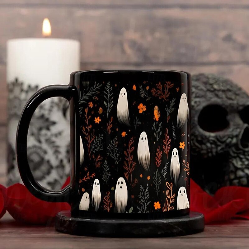 Halloween Gift Mug, White Ghost Ceramic Coffee Cup 330ml/12oz, Spooky Cute Halloween Mug for Women, Friends, Holiday Party Decor, Trick or Treat Gift Idea
