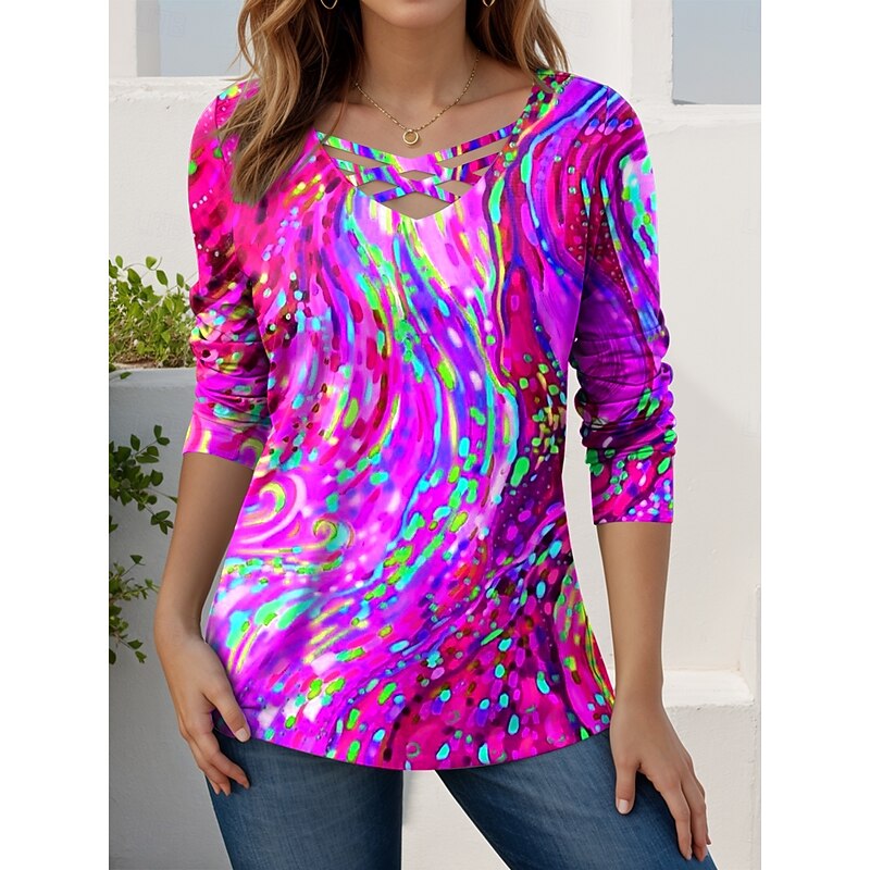 Women's T Shirt Graphic Geometric Abstract Stylish Modern Casual Long Sleeve V Neck Regular Tops Daily Cut Out Print Red Blue Purple Green Spring Fall3