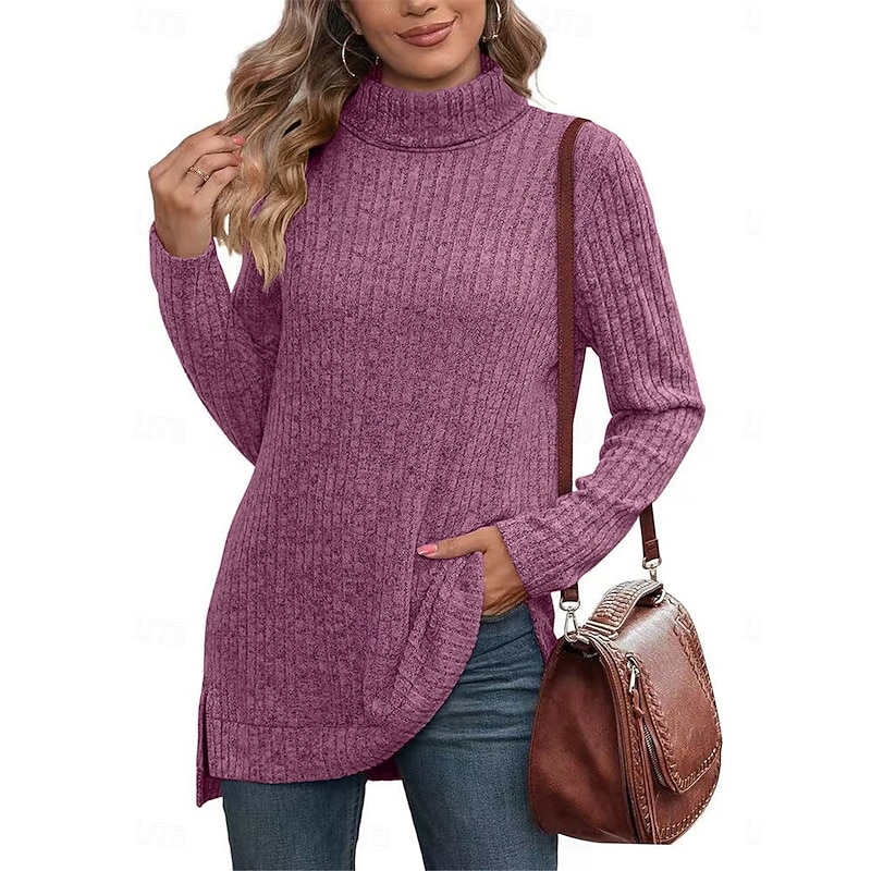 Women's Sweater Casual Soft Pure Color Ribbed Turtleneck Knitted Long Sleeve Regular Tops Knit Outdoor Daily Weekend Black Blue Fall Winter4