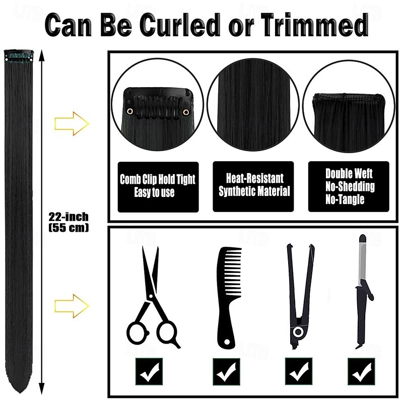 12 PCS Black Hair Extensions Clip in 22 Inch Colored Hair Extensions Party Highlights Long Straight Synthetic Hairpieces for Women Kids Girls4