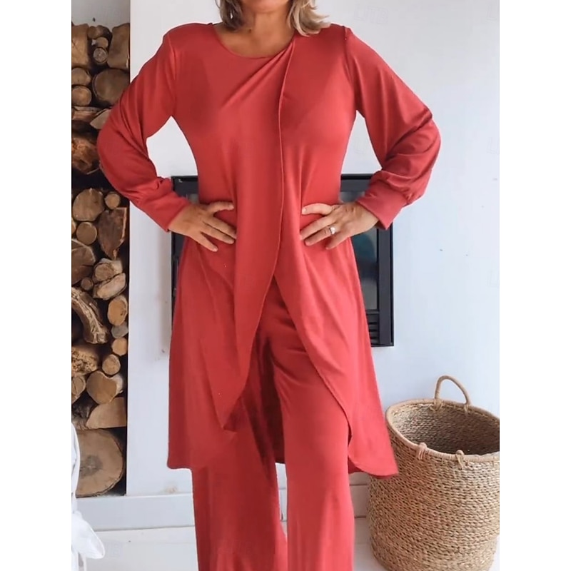 Women's Fashion Streetwear Daily Pants Sets Long Sleeve Crew Neck Solid Color Ruched Casual Daily Black White Red Spring Regular Fit