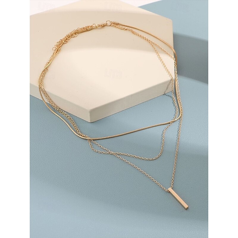Women's Layered Gold Bar Pendant Necklace, Minimalist Multi-Strand Chain Jewelry for Casual, Office and Date Night Wear3