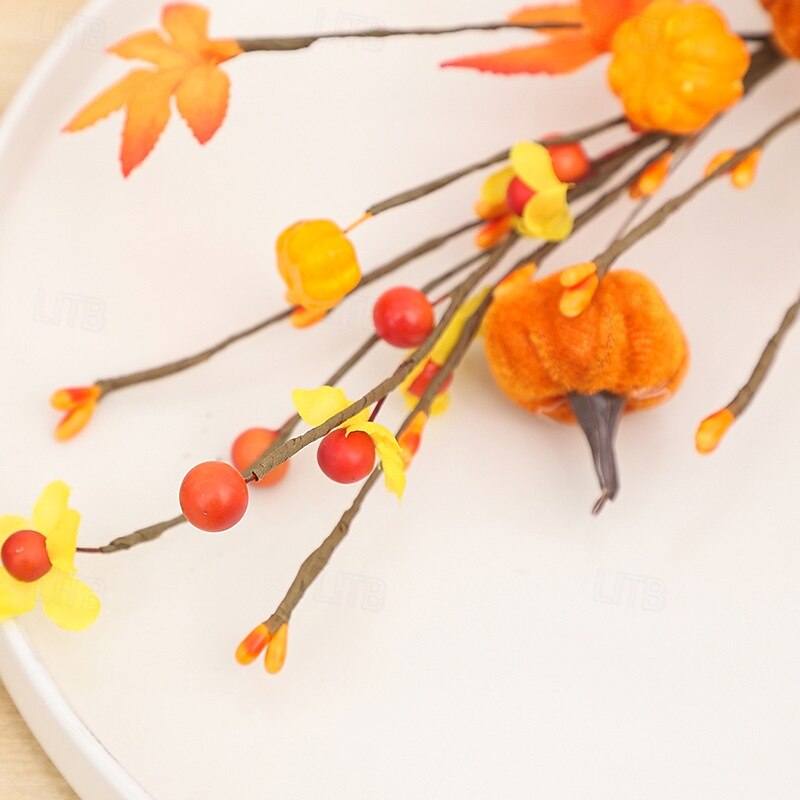 1 Bundle Fall Artificial Flower, Autumn Maple Leaves and Pumpkin Stem Bouquet, Halloween Party Home Decor, Spooky Seasonal Floral Arrangement4
