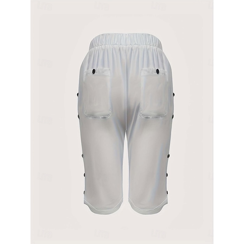 Women's Chinos Crop Ethnic Style Basic Casual Knee Length High Waist Plain Pocket Comfy Soft Comfortable Micro-elastic Outdoor Street Black White Summer Regular Fit3