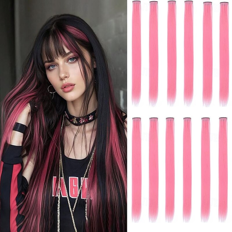 12 Pcs Pink hair extensions 22 Inch Straight colored hair colorful clip in extensions Highlight Party for Kids Girls and Women Gift