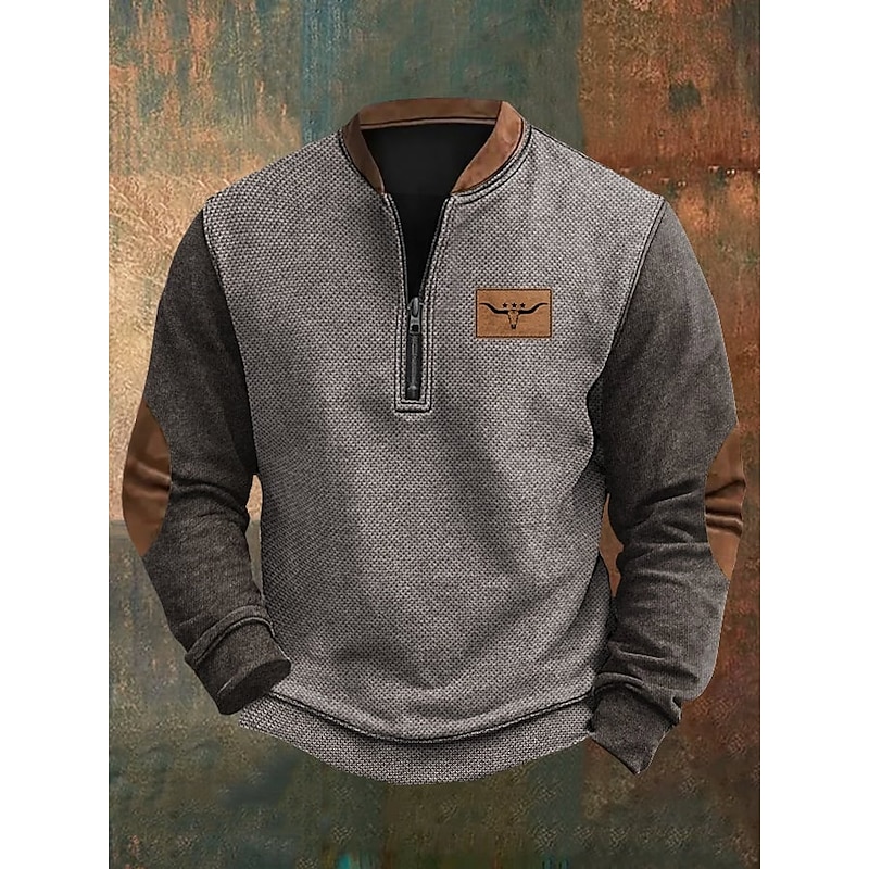 Men's Sweatshirt Quarter Zip Sweatshirt Gray Half Zip Color Block Cow Sports & Outdoor Daily Holiday Polyester Vintage Streetwear Casual Spring &  Fall Clothing Apparel Hoodies Sweatshirts  Long