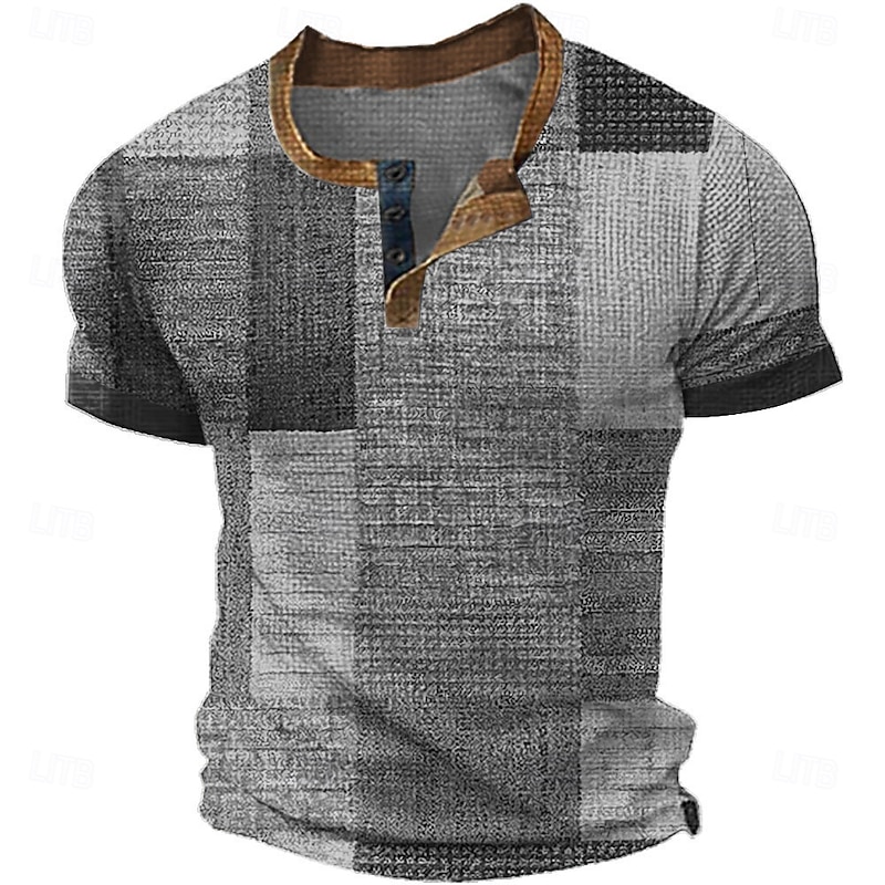 Men's Patchwork Henley Shirt Waffle T Shirt Short Sleeve Daily Retro Vintage Classic Sports Outdoor Casual Holiday Spring & Summer All Seasons Green Blue Brown Grey Henley Henley T-Shirt4