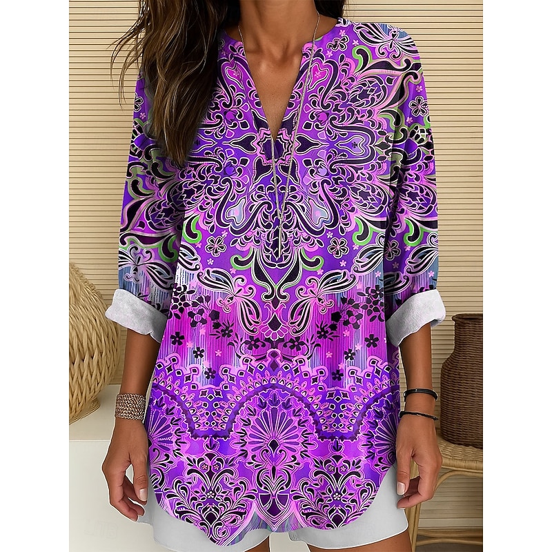 Women's Blouse Tunic V Neck Long Sleeve Boho Casual Tops Graphic Paisley Vintage Tropical Regular Tops Daily Wear Print Red Blue Purple Green3