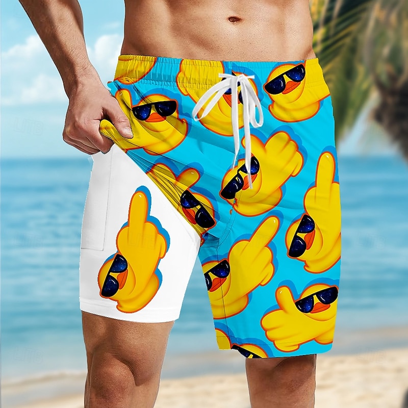 Men's Little Yellow Duck Funny Lined Shorts 2 in 1 Board Shorts Swim Shorts Mid Waist Hawaiian Holiday Side Pockets With Compression Liner Elastic Drawstring Waist Designer Clothing Apparel