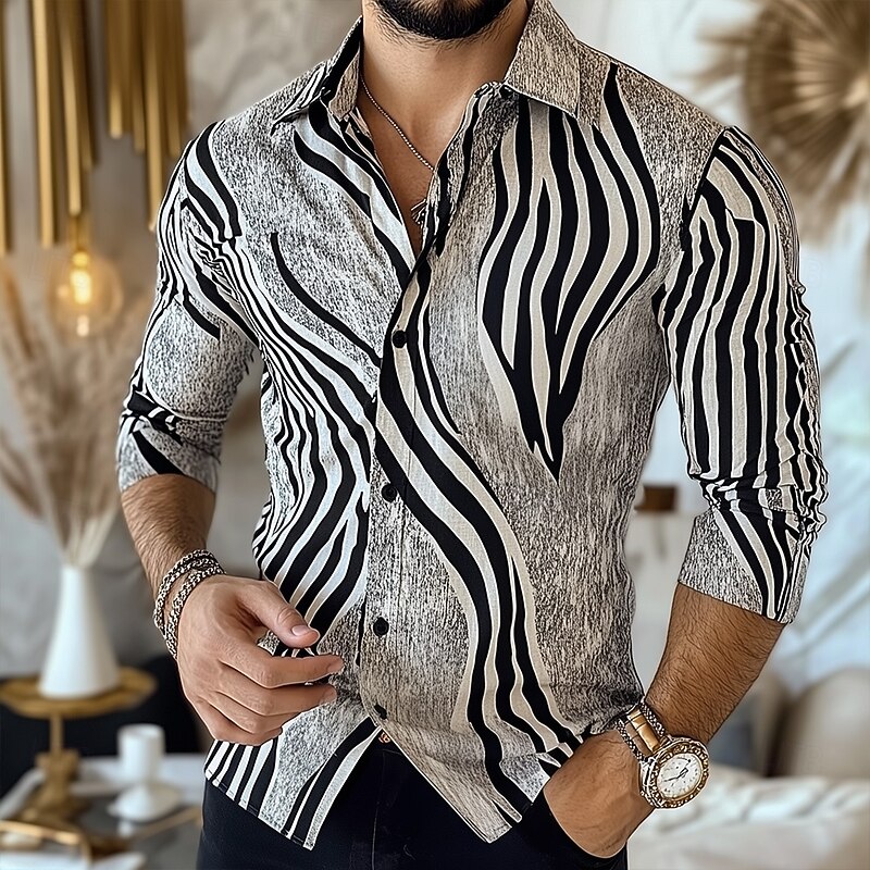 Men's Geometric Striped Waves Shirt Button Up Shirt Casual Dress Shirt Long Sleeve Fashion Casual Formal Vacation Dailywear Summer Spring Turndown 3D Print Collared Shirts Black Black+White