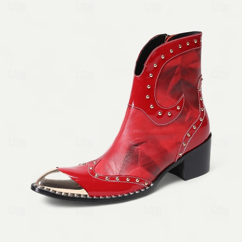Men's Red Western Chelsea Boots – Genuine Cowhide Leather Ankle Boots with Studded Trim Side Zipper and Metallic Toe Cap for Dance Events Evening Receptions and Formal Theme Parties3