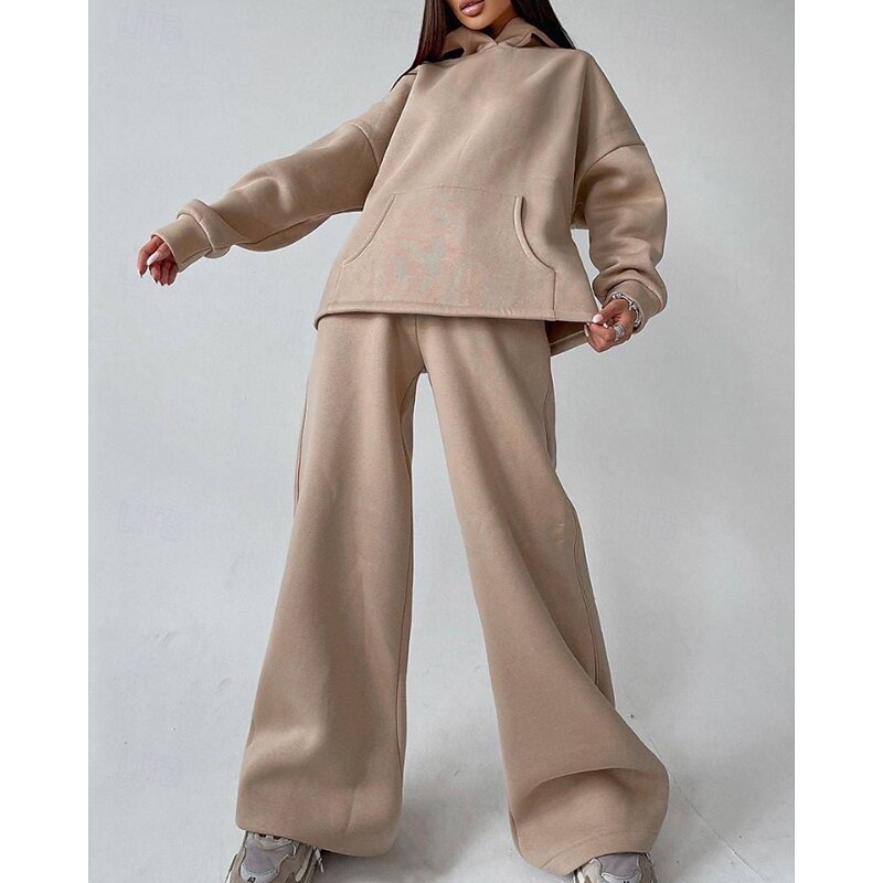 Women's Tracksuit Sweatpants Wide Leg Pants Lace Pocket Solid Colored Clothing Suit Fall Black White Gym Athleisure Running Thermal Warm Windproof Long Sleeve Sport Activewear Stretchy Regular Fit