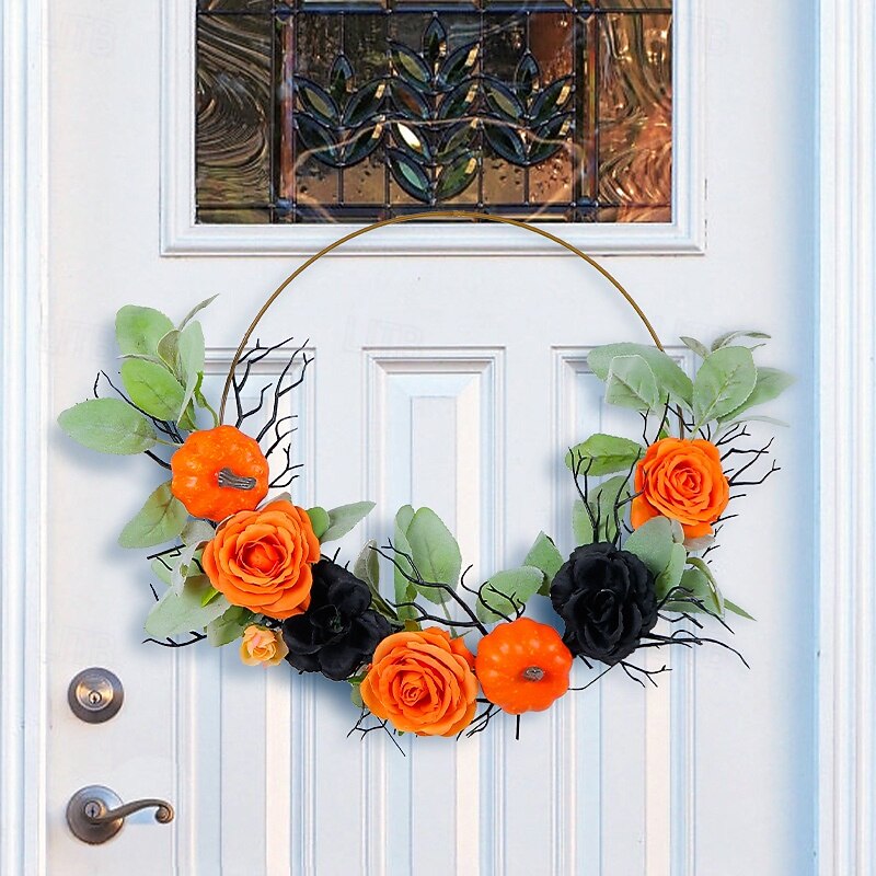 Halloween Wreath for Front Door Indoor Outdoor Decoration, Metal Hoop Pumpkin Rose Floral Wreath, Artificial Halloween Wall Hanging for Home Window Display4