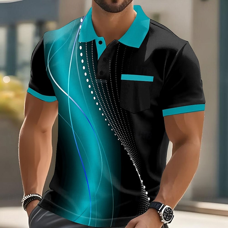 Men's Geometic Line Polo Short Sleeve Polo Shirts Collared Shirts Business Casual Outdoor Athleisure Daily Wear Pocket 3D Print Buttons Summer Lake blue Red Blue