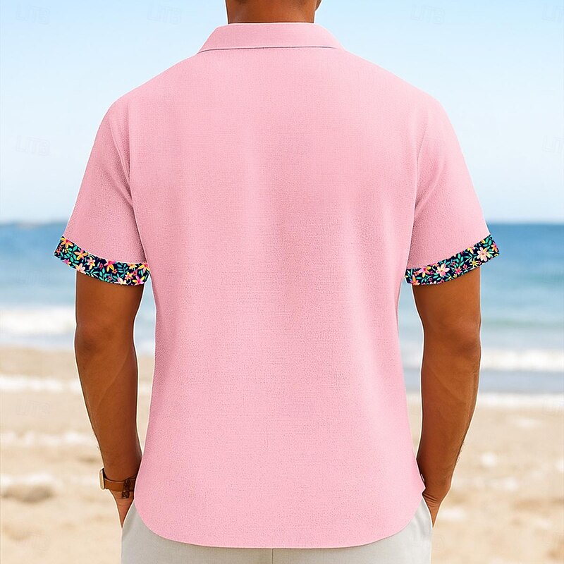 Men's Shirt Linen Shirt Summer Shirt Beach Wear Button Up Shirt Solid Color Vacation Curise Black Pink Green Light Blue Short Sleeve Collar Summer Spring & Summer Clothing Apparel Color Block2