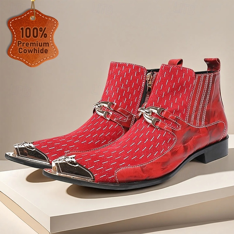 Men's Red and White Stitching Leather Ankle Boots with Gold Tip Buckle Detailing–Retro Western-Inspired Footwear for Parties and Special Occasions - Main Image