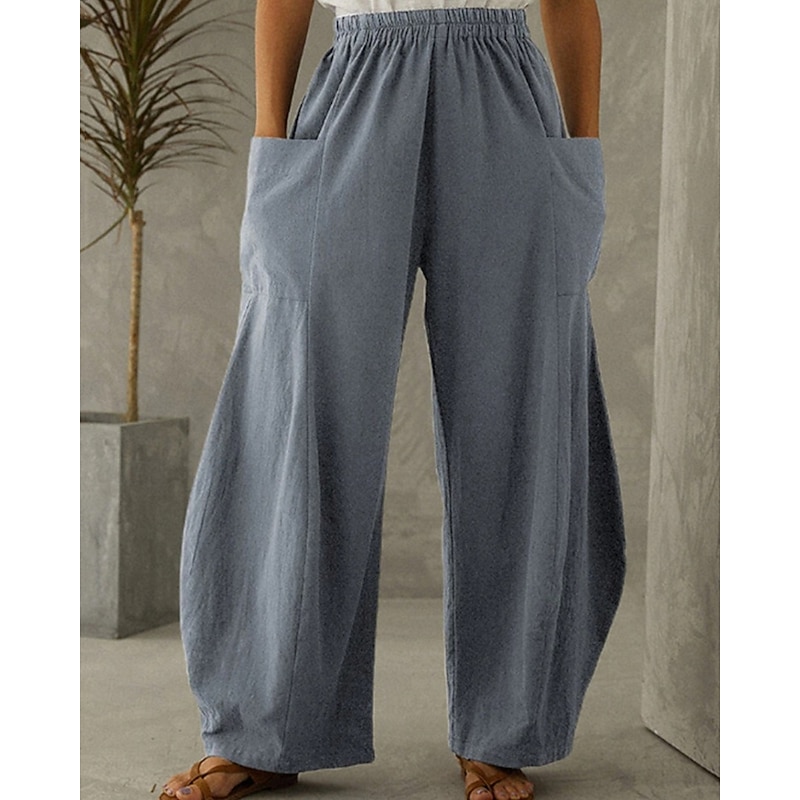 Women's Cotton Linen Pants Culottes Wide Leg Wide Leg Fashion Casual Full Length Mid Waist Plain Elastic Waist Comfortable Breathable Micro-elastic Street Daily Wear Going out Lake blue Dark Blue Gray