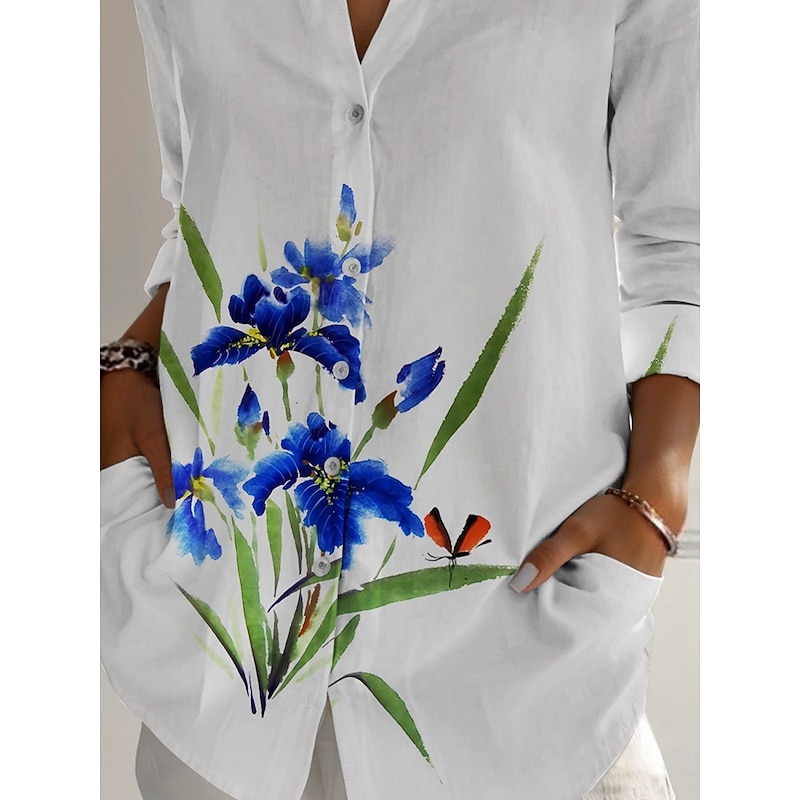 Women's Shirt Floral Active Daily Stylish Long Sleeve Shirt Collar Regular Tops Daily Holiday Buttons Print White Spring Fall3