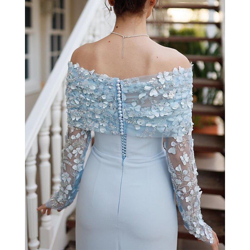 Sheath / Column Cocktail Dresses Detachable Cape Stretch Crepe Elegant Dress Formal Wedding Tea Length Sleeveless Off Shoulder  with Floral Beading Lace3