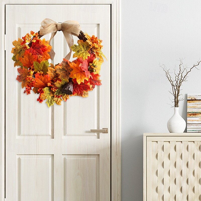 Fall Wreath for Front Door Thanksgiving Autumn Harvest Indoor Outdoor Decoration, Artificial Maple Leaf Grapevine Wreath Rustic Fall Wall Hanging Decor4