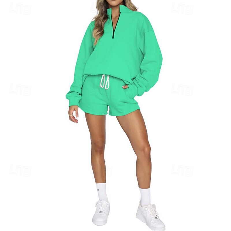 Women's Tracksuit Pullover Sweatshirt Sweat Shorts Drawstring Zipper Pocket Solid Colored Clothing Suit Fall Black Sky Blue Gym Workout Sports Windproof Long Sleeve Sport Activewear Micro-elastic4