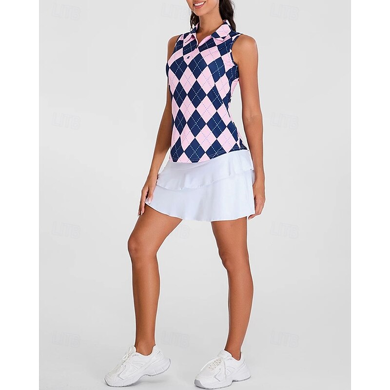 Women's Plaid / Check Sport Shirt Golf Polo Shirt Tennis Shirt Sleeveless Zipper High Elasticity Moisture Wicking Breathable Tennis Golf Pickleball Turndown Zip Collar Shirt Top Dark Pink Black Pink4